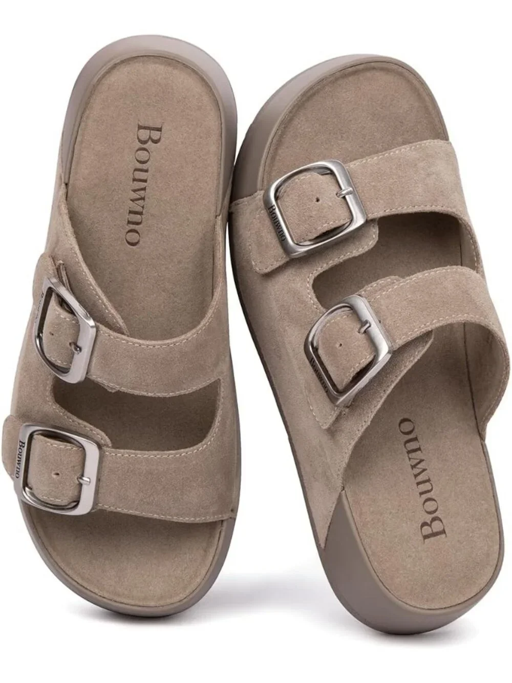 Women's Apricot Slide Buckle Genuine Leather Slip on Beach Platform Sandal Shoes